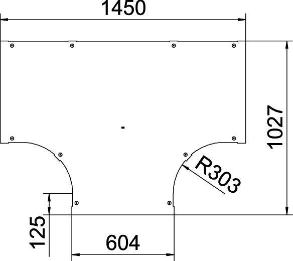 Technische Zeichnung eines rechteckigen Objekts mit zwei gebogenen Ausschnitten. Maße: 1450 x 1027 mm, Ausschnittsradius R303 mm.