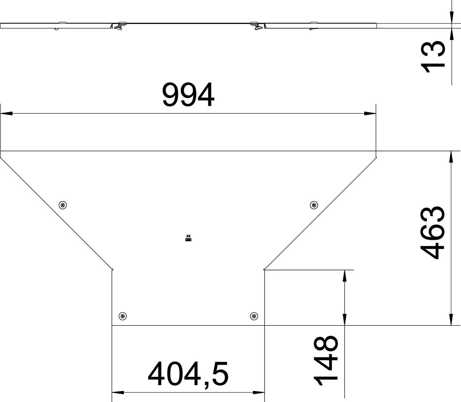 Technische Zeichnung einer rechteckigen Platte mit Maßen: Breite 994 mm, Höhe 463 mm, Schenkel 404,5 mm, Dicke 13 mm.