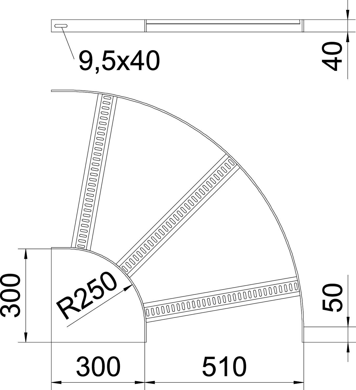 Technische Zeichnung eines abgerundeten Stützbalkens. Maße: Radius 250, Höhe 300, Breite 300, Tiefe 510, obere Leiste 9,5x40.