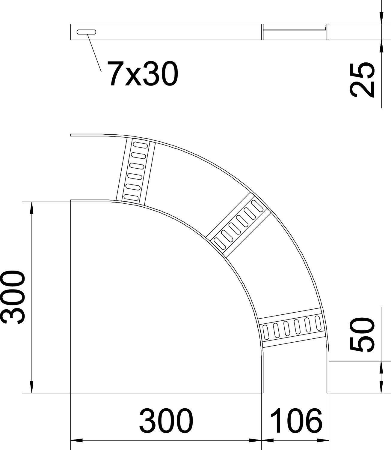 Technische Zeichnung eines gewölbten Metallelements. Maße: 300x300 mm mit 50 mm Höhe. Rechteckige Öffnungen: 7x30 mm.