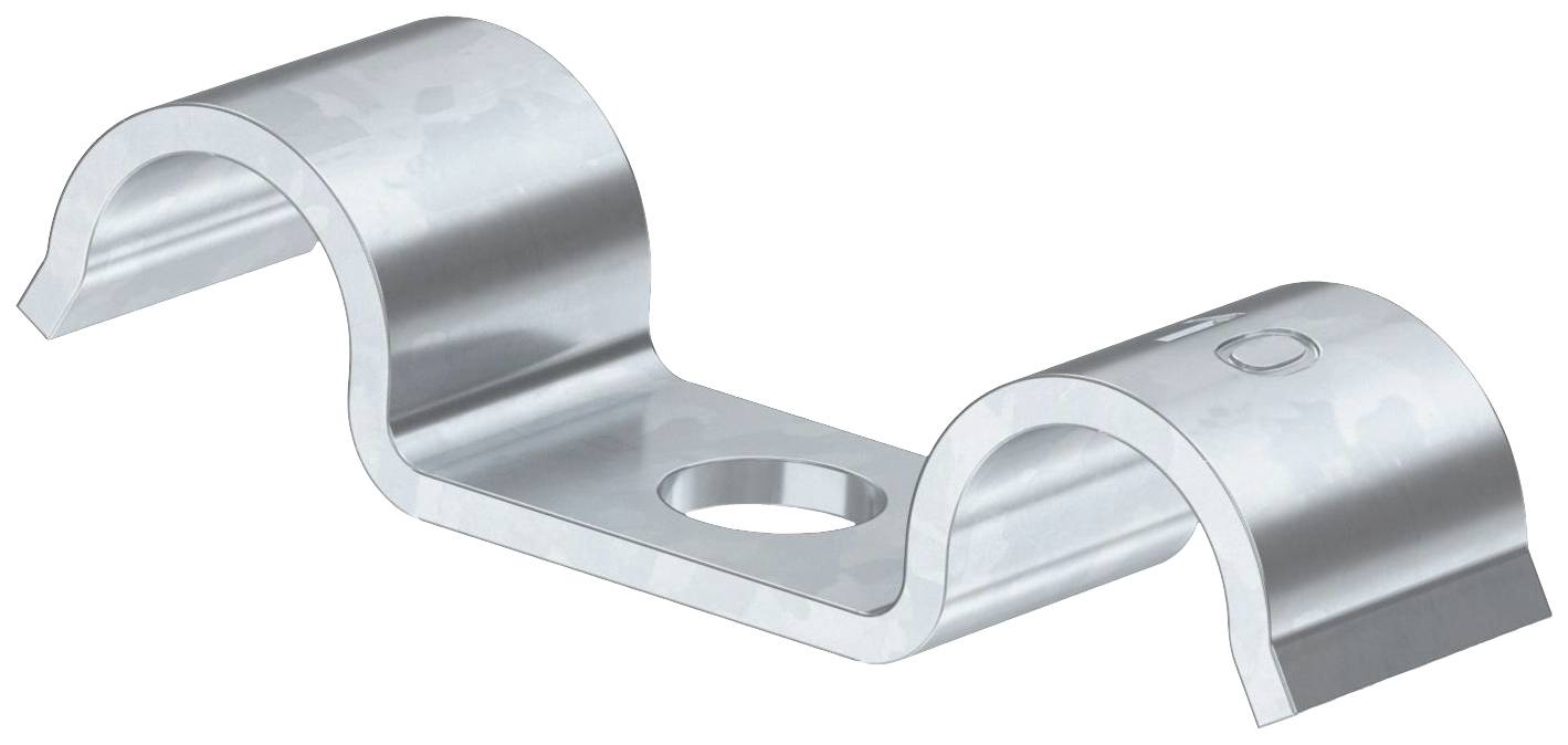 Metallische Rohrschelle mit zwei gebogenen Enden und einem Befestigungsloch in der Mitte. Geeignet zur Rohrbefestigung an Oberflächen.