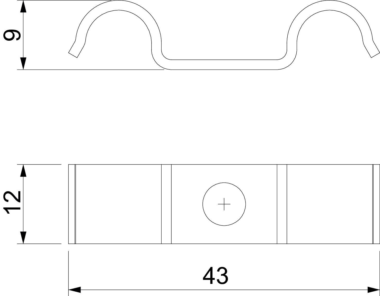Technische Zeichnung einer Halterungsklemme. Oben die Seitenansicht mit gebogener Form. Unten die Vorderansicht mit Maßen: Breite 43 mm, Höhe 12 mm, Haltebogenhöhe 9 mm.