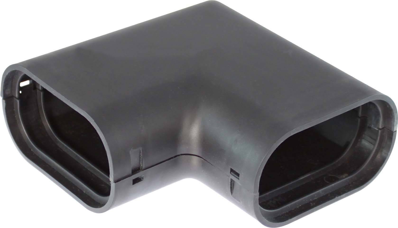 Schwarzer Kunststoff-Winkelverbinder mit rechteckigen Öffnungen, geeignet für Rohrverbindungen in Lüftungssystemen.