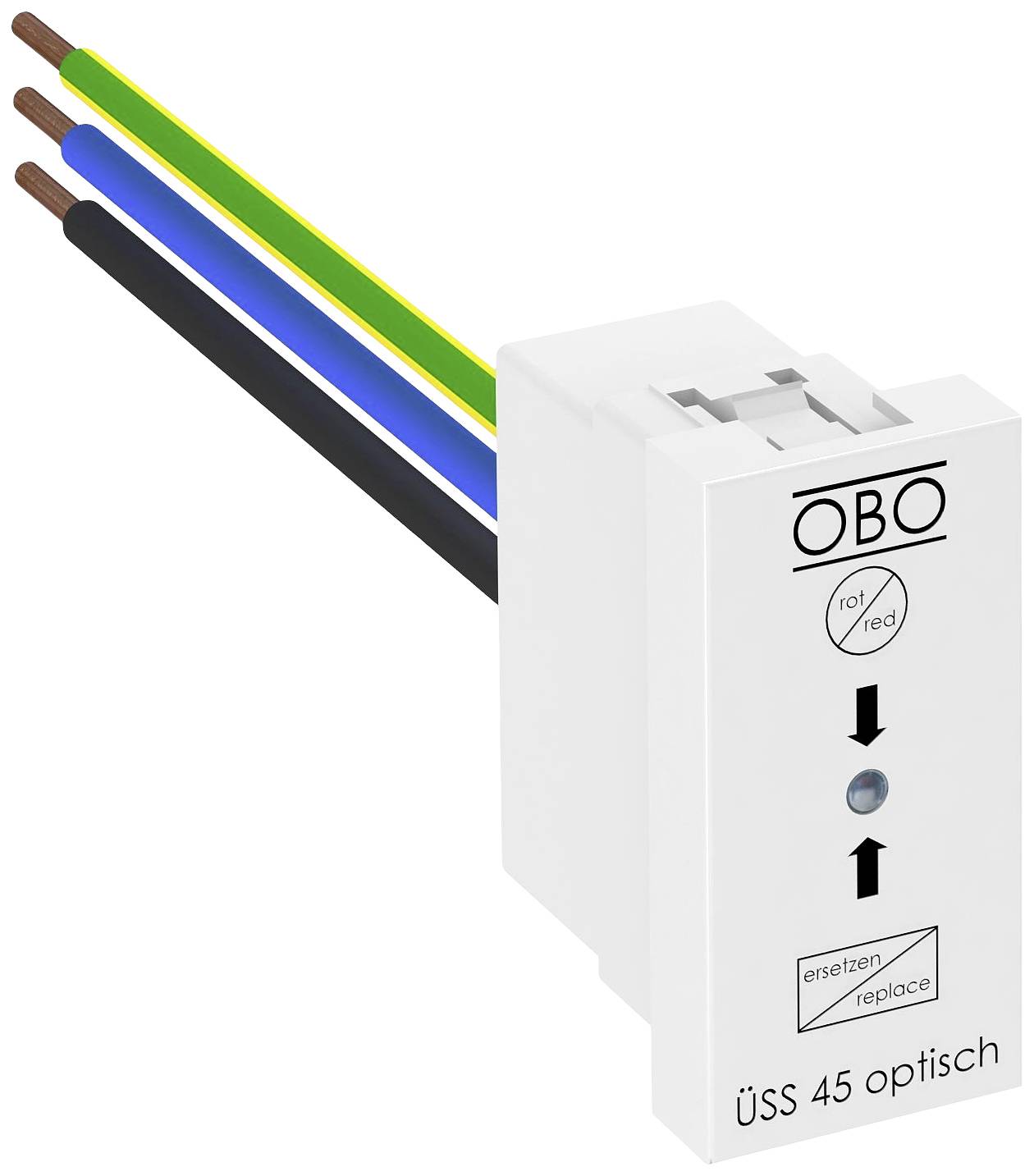 Ein Überspannungsschutzgerät mit der Aufschrift 'OBO', drei mehrfarbige Kabel, sowie einem Hinweis zur optischen Anzeige der Funktionsfähigkeit.