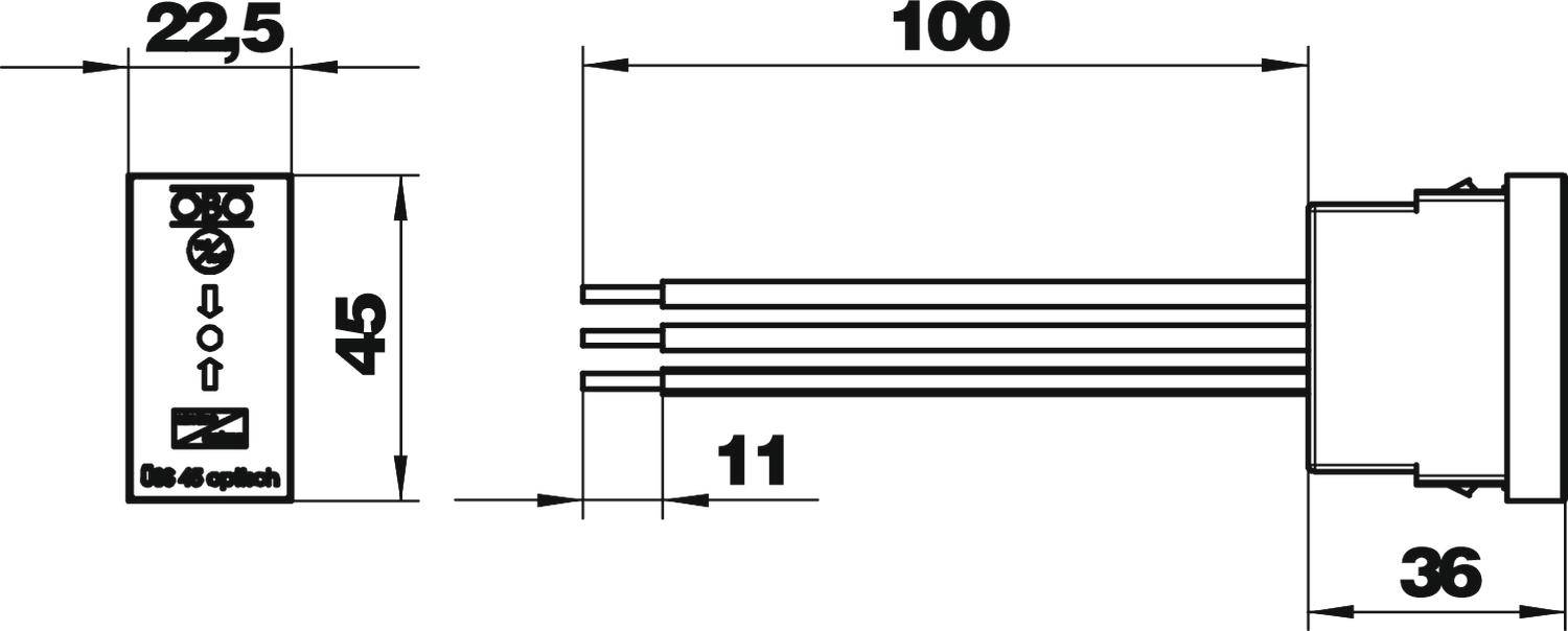 Technische Zeichnung eines elektronischen Bauteils mit Maßangaben: Länge 100 mm, Breite 22,5 mm, Höhe 11 mm, zusätzliche Details auf einem Diagramm.
