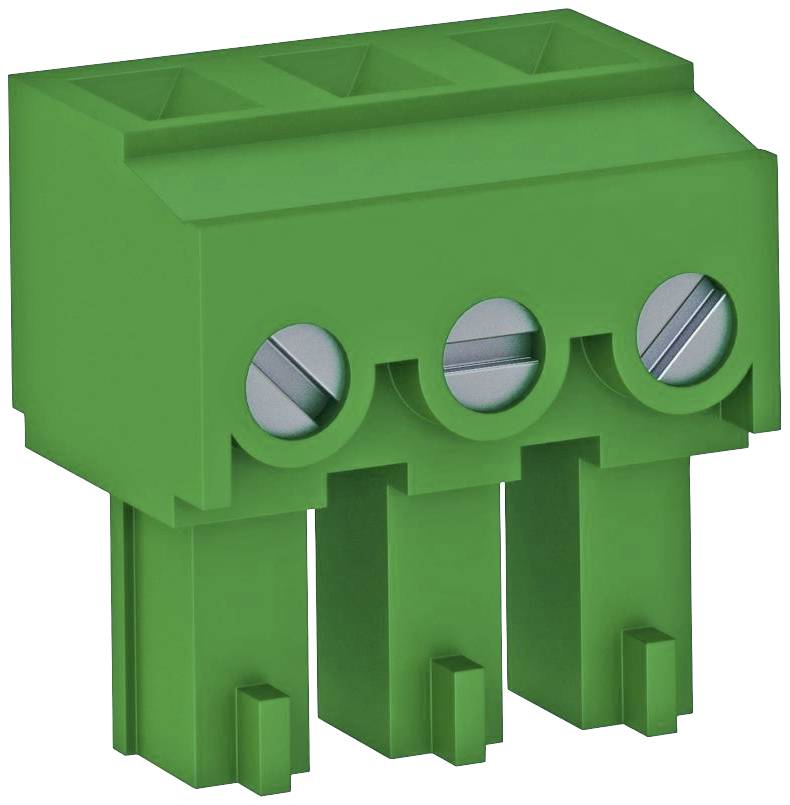 Grüner dreipoliger Steckverbinder mit Schraubanschlüssen, verwendet für elektrische Verbindungen in elektronischen Geräten.