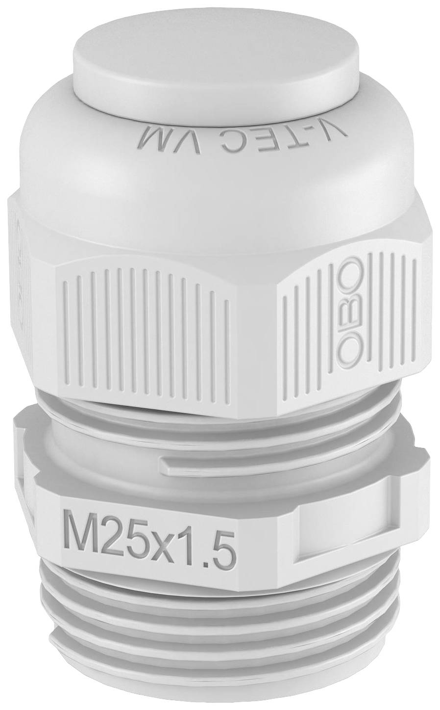Eine weiße Kabelverschraubung mit Beschriftung 'M25x1.5' und 'V-TEC VM'. Sie hat ein geripptes Design und wird zur Kabelbefestigung verwendet.