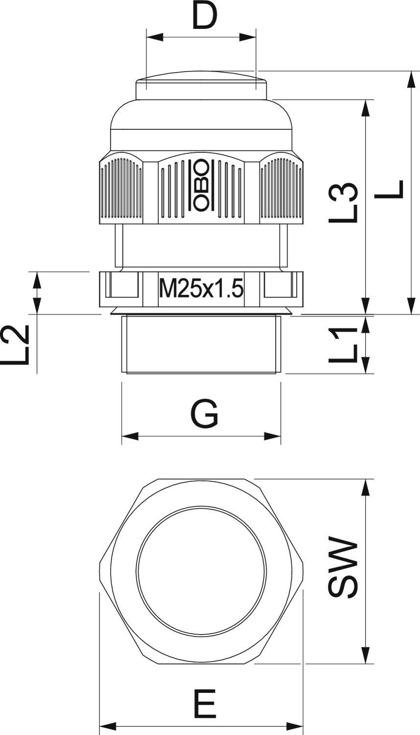 Technische Zeichnung einer Kabelverschraubung mit Abmessungen: Höhe (L, L1, L2, L3), Durchmesser (D, G, E) und Schlüsselweite (SW).