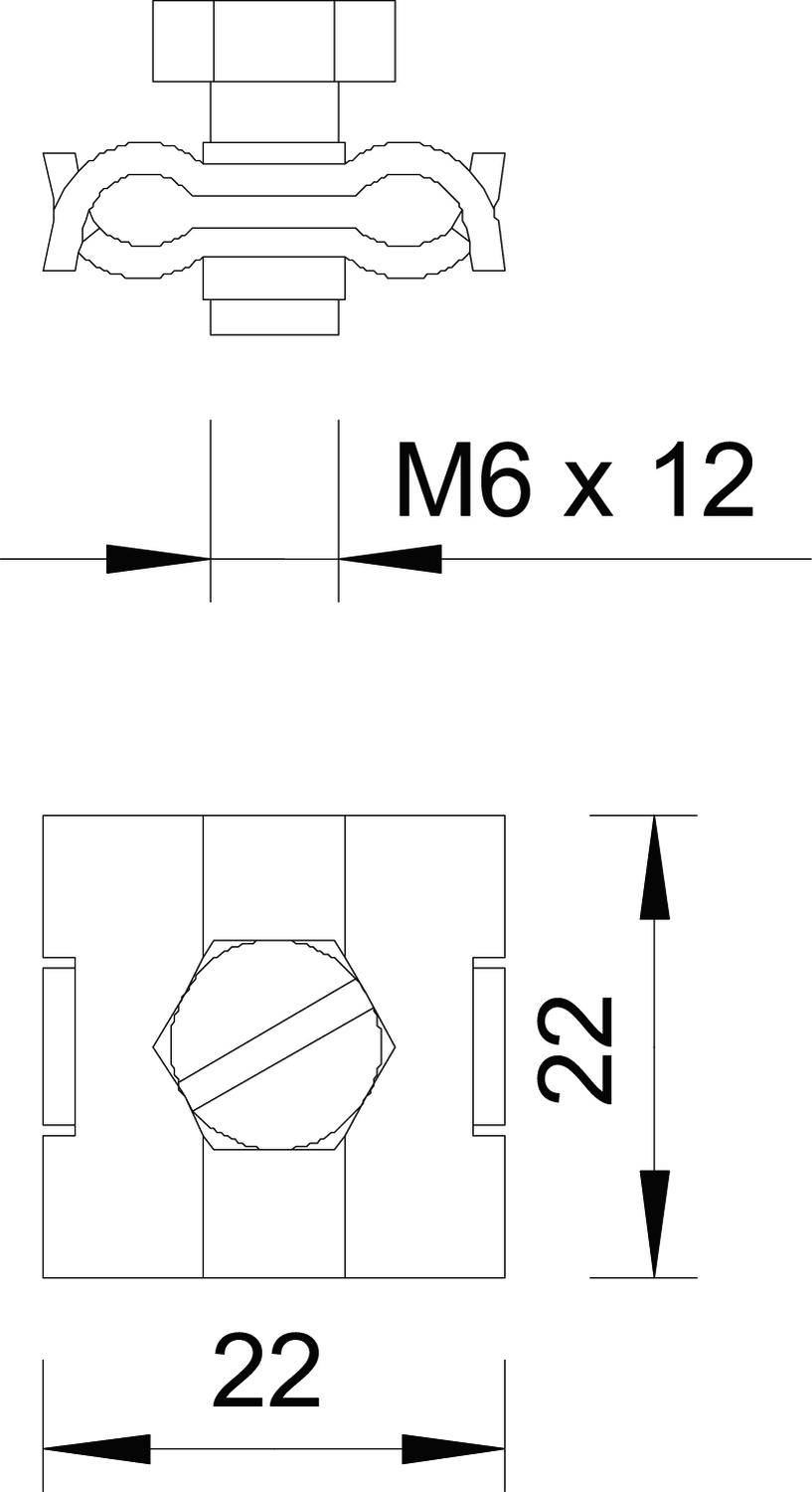Technische Zeichnung einer Schraube mit Mutter. Oben: Schnittdarstellung der Verbindungen. Unten: Ansicht von oben mit Maßen 22x22 mm, M6 x 12.