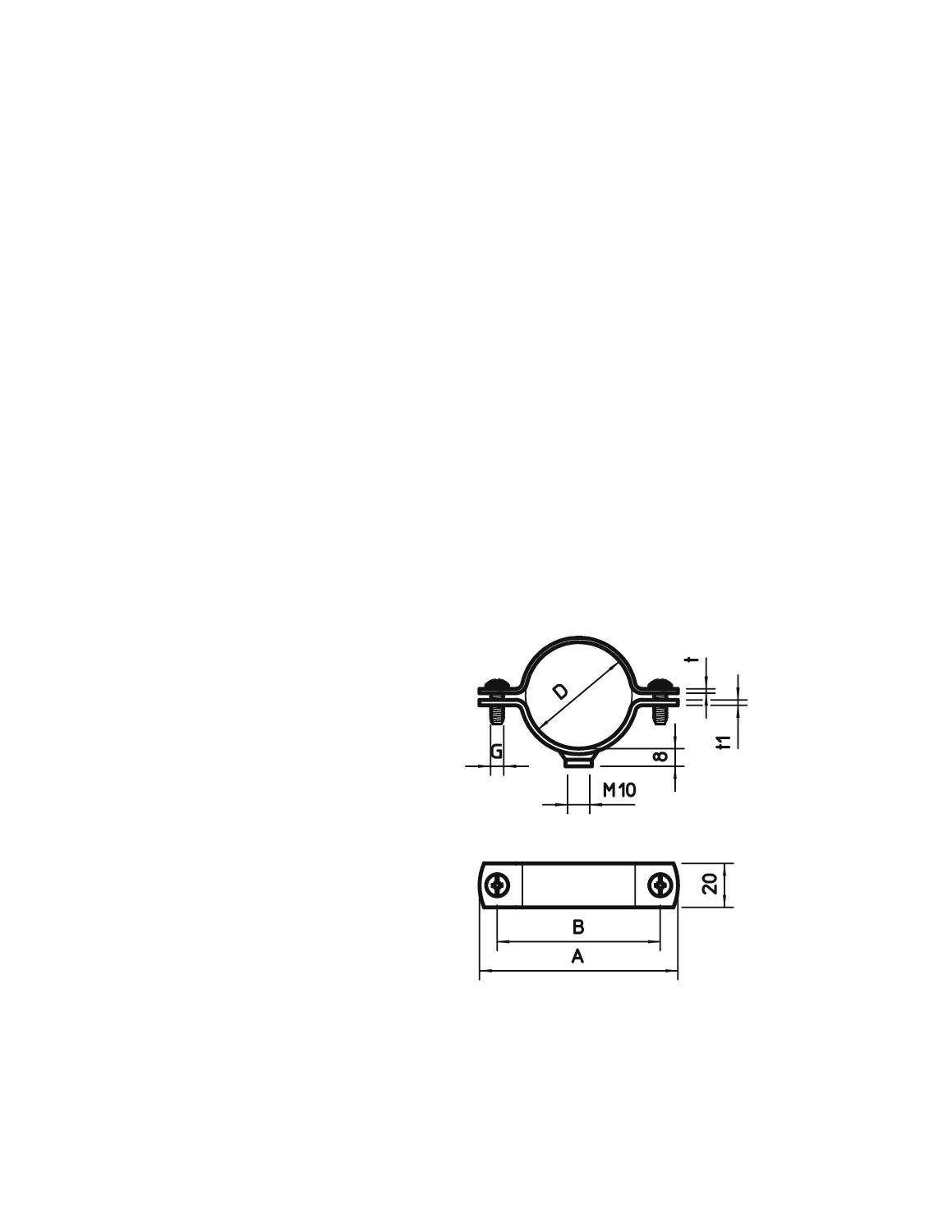 Technische Zeichnung einer Rohrschelle mit Maßangaben. Oben: Draufsicht. Unten: Seitenansicht. Maße: A, B, D, E, M10.