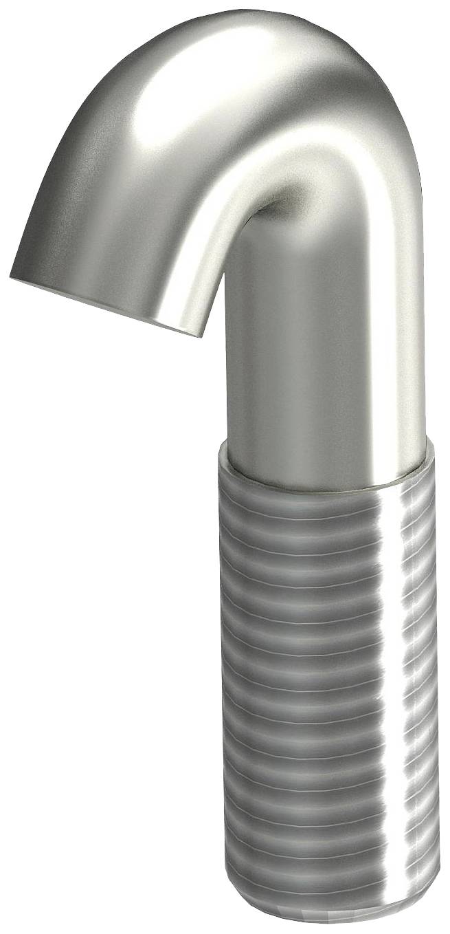 Metallrohr: Gebogene obere Sektion, zylindrischer gerippter Schaft. Industrielles Design, möglicherweise für Sanitär oder Belüftung.