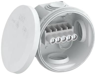 Eine graue runde Abzweigdose mit offenem Deckel und innenliegenden Anschlussklemmen. Sie dient zur elektrischen Verkabelung und Verbindungen.