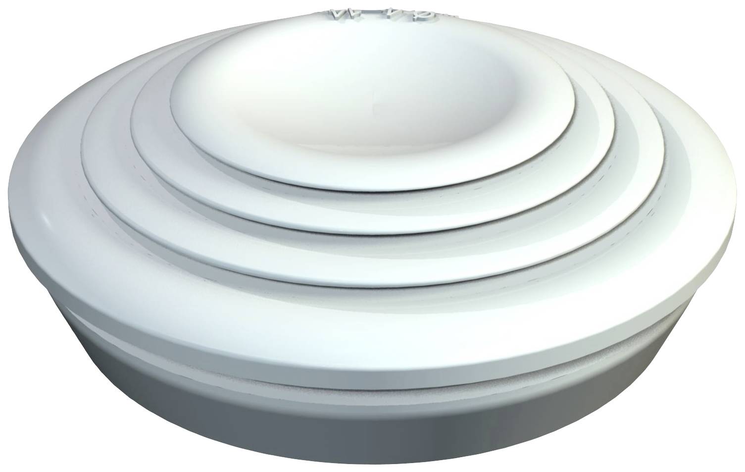 Ein UFO-förmiges, futuristisches Objekt in silber-weißen Tönen, bestehend aus mehreren konzentrischen, gestuften Ringen.