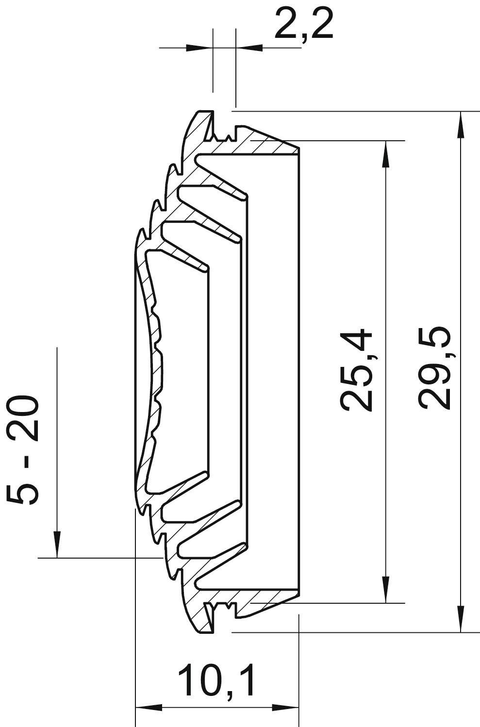 Seitenansicht eines technischen Bauteils mit den Maßen: Höhe 29,5 mm, Breite 10,1 mm, Tiefe 5-20 mm, Laschenlänge 2,2 mm.