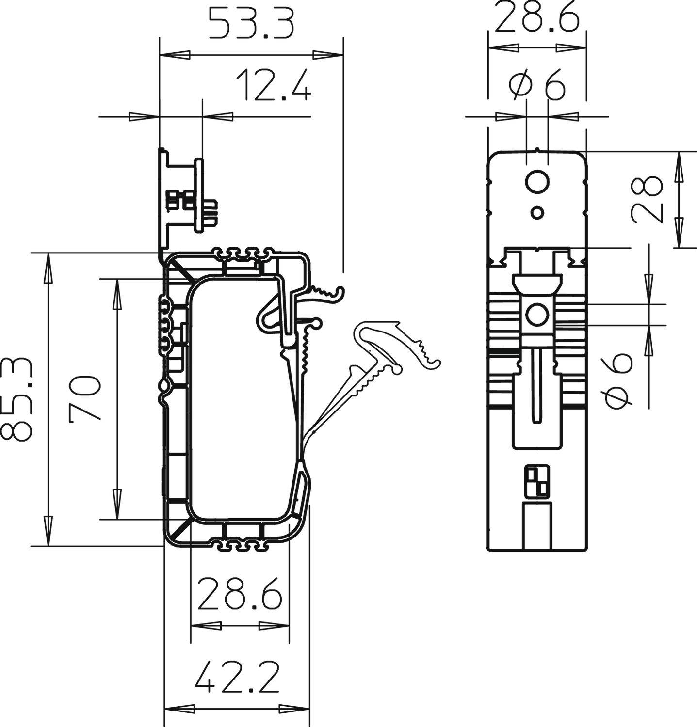 Technische Zeichnung eines Querschnitts eines Fensterprofils mit Maßen: Breite 53,3 mm, Höhe 85,3 mm, Tiefe 70 mm. Detailansicht der Befestigungselemente.