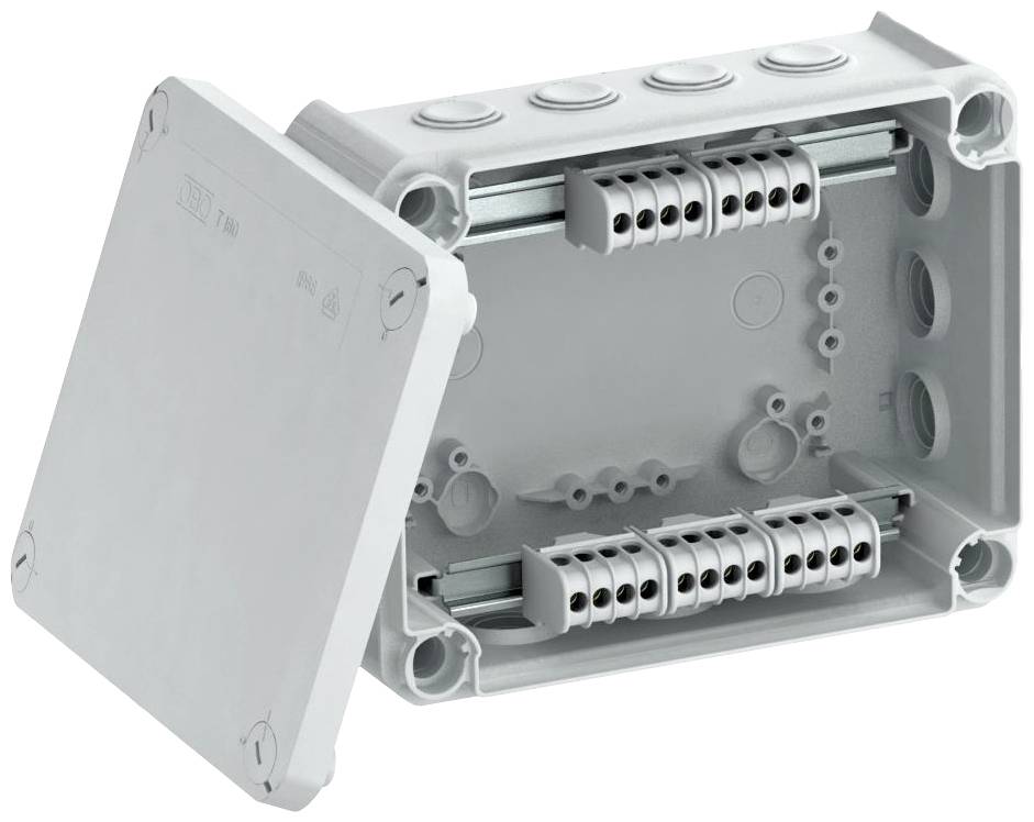 Leere graue Anschlussdose aus Kunststoff mit offenem Deckel, geeignet für elektrische Verdrahtung und Schutz von Kabelverbindungen.