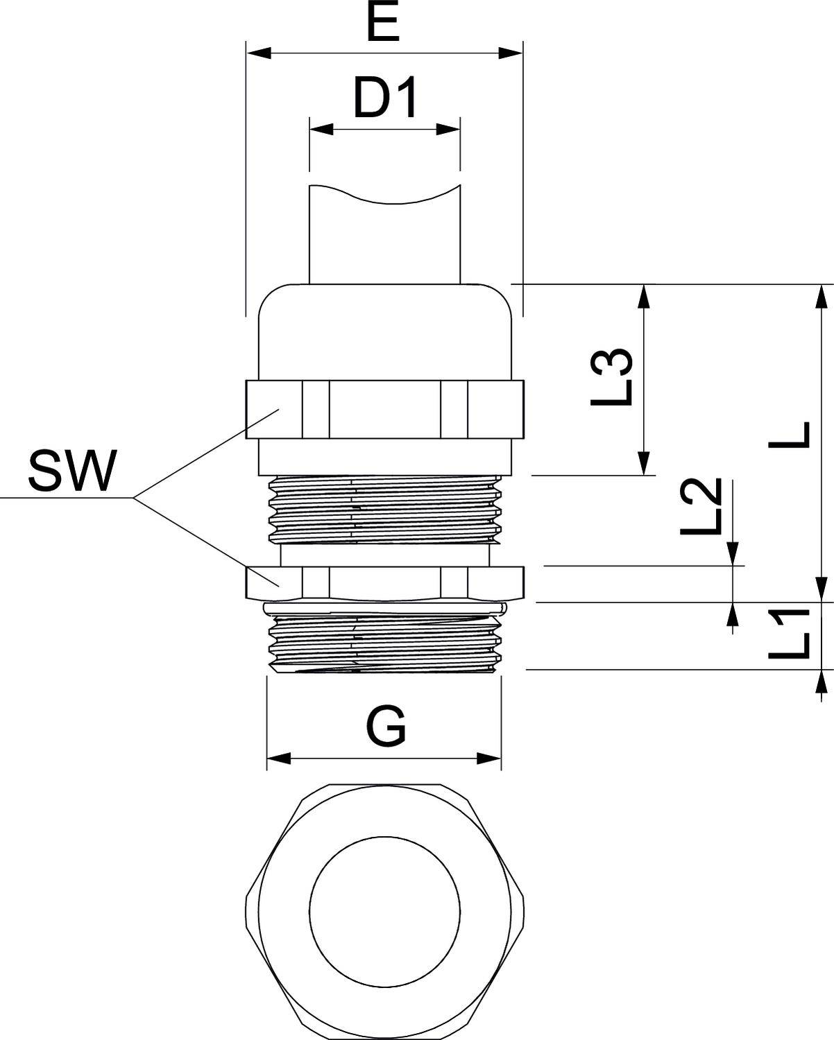 Technische Zeichnung eines Gewindefittings mit Maßen: SW, E, D1, G, L1, L2, L3. Seitenansicht und Draufsicht dargestellt.