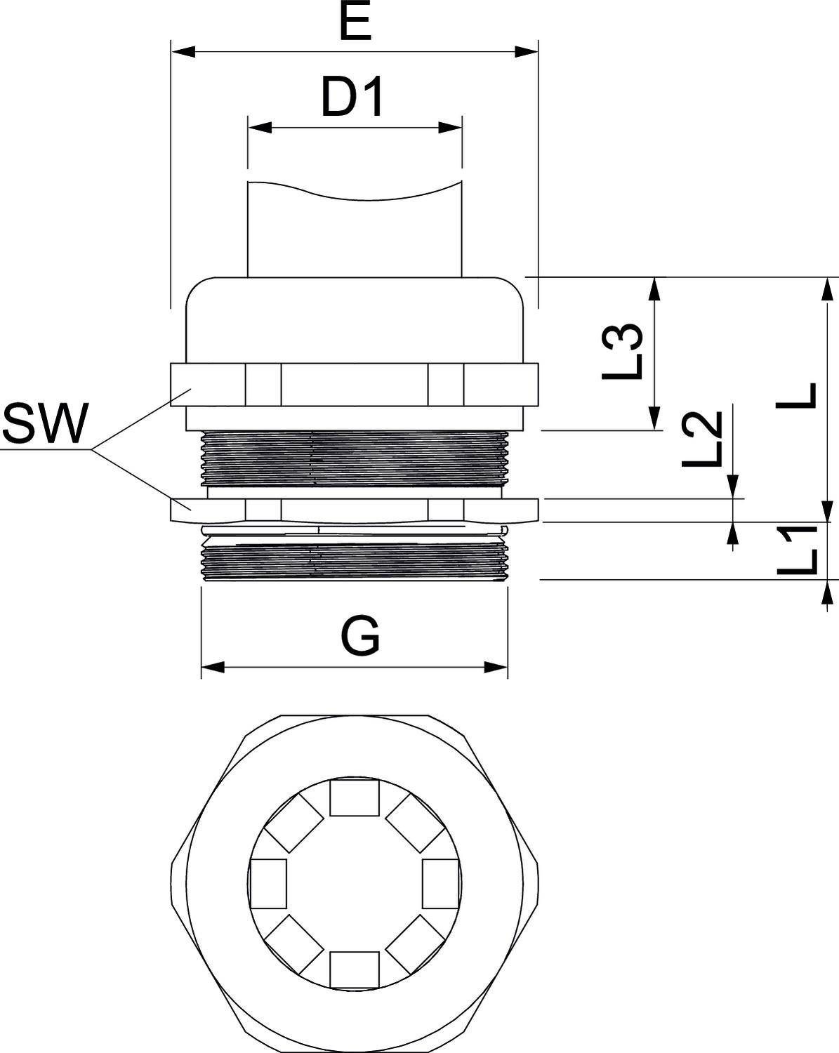Technische Zeichnung eines Gewindeadapters mit Markierungen für Durchmesser (D, D1), Längen (L, L1, L2, L3), Schlüsselweite (SW) und Gewinde (G).