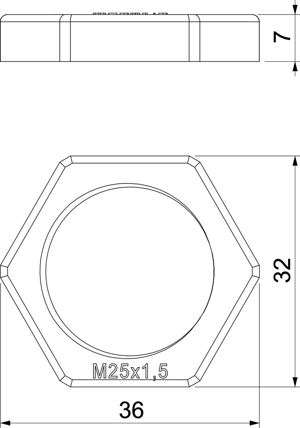 Technische Zeichnung einer sechseckigen Mutter mit der Beschriftung 'M25x1,5'. Durchmesser 36 mm, Höhe 32 mm, Dicke 7 mm.