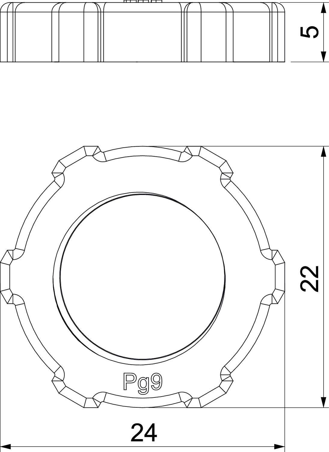 Technische Zeichnung eines sechseckigen Bauteils mit Beschriftung 'Pg9'. Ober- und Seitenansicht sind gezeigt, Maße in Millimetern.