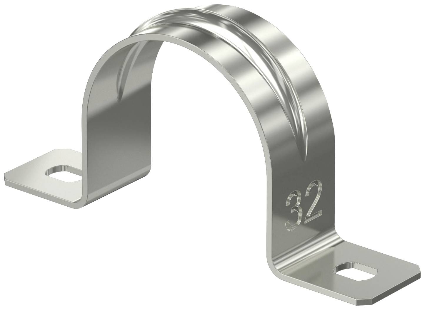 Metallklemmschelle mit zwei Befestigungslöchern, gewölbtem Design und eingravierter Zahl '32'.