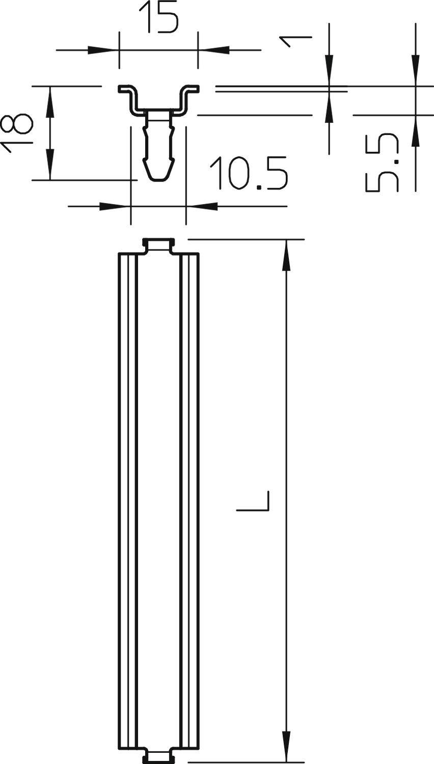 Technische Zeichnung eines Metallprofils mit Maßen: Länge (L) variabel, Breite 10,5 mm, Höhe 5,5 mm, zusätzliche Details oben.