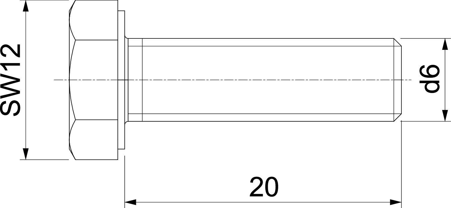 Technische Zeichnung einer Schraube mit Sechskantkopf. Maße: Kopfhöhe 12 mm, Durchmesser 6 mm, Gesamtlänge 20 mm.