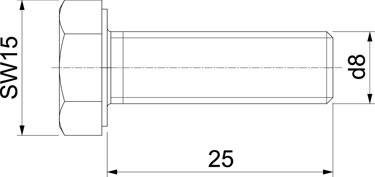 Technische Zeichnung eines Bolzens: Länge 25, Durchmesser 8, Schlüsselweite 15.