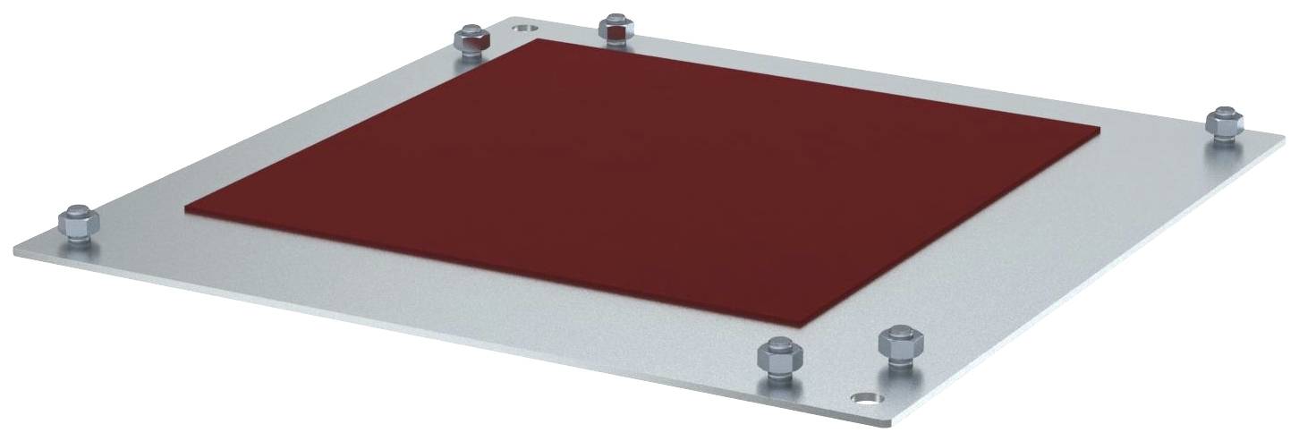 Graue Metallplatte mit rotem quadratischem Einsatz in der Mitte, umgeben von sechs Schrauben an den Ecken der Platte.