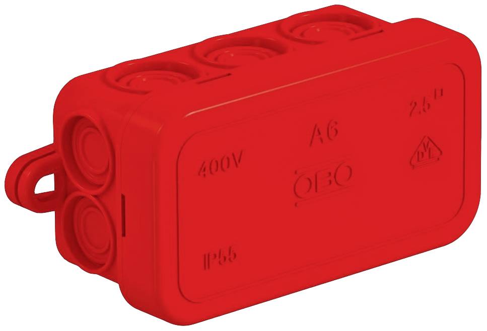 Rote elektrische Anschlussdose mit kreisförmigen Eingängen und geprägter Beschriftung: '400V', 'IP66'. Geeignet für hohe Belastungen.