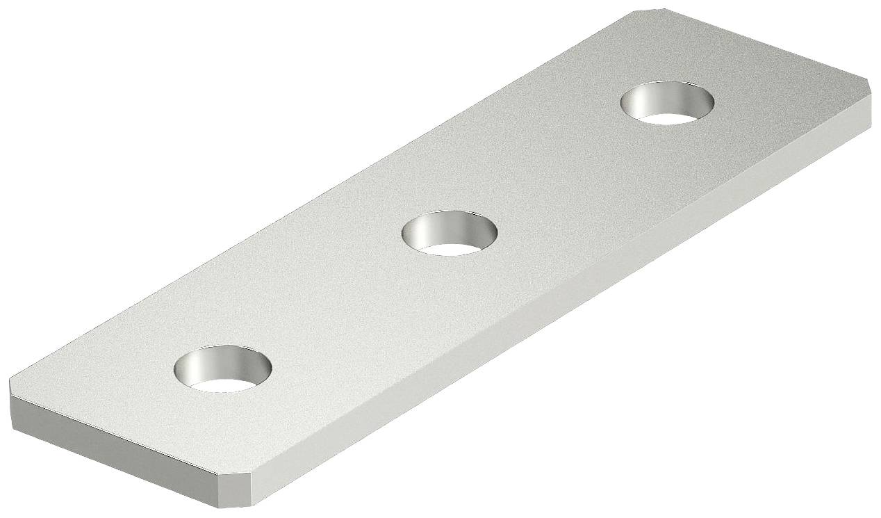 Metallplatte mit drei gleichmäßig verteilten Löchern in einer Reihe, rechteckige Form, dient als Verbindungselement.