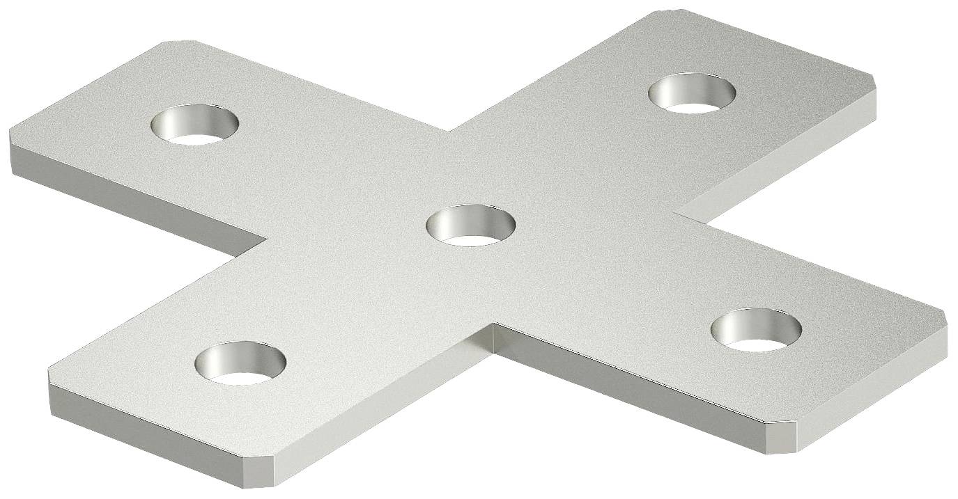 Metallische Kreuzplatte mit fünf Löchern zur Verbindung von Strukturelementen in einem Baukastensystem.