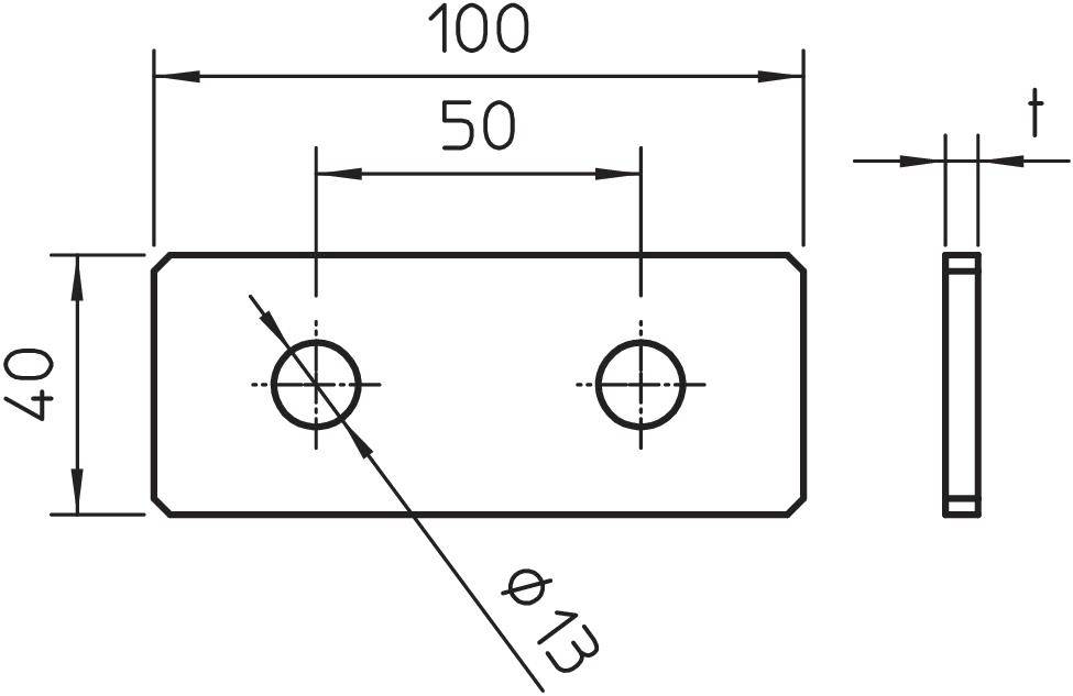 Technische Zeichnung eines rechteckigen Metallblechs, 100 mm x 40 mm, mit zwei Löchern von 13 mm Durchmesser in der Mitte und rechts.