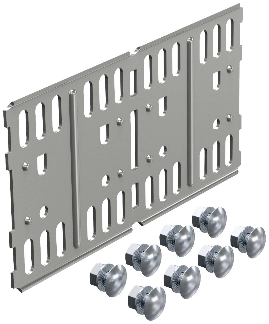 Metallplatte mit Schlitzen und Löchern, acht Schrauben darunter.