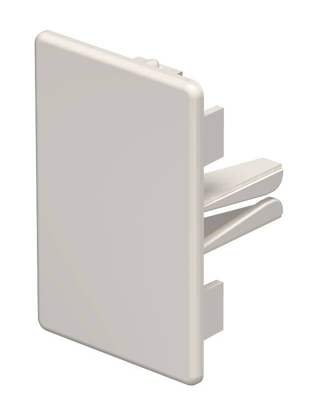 Ein rechteckiges, weißes Kunststoffteil mit seitlichen Klemmen. Es wirkt funktional, möglicherweise als Endverschluss in einem System.