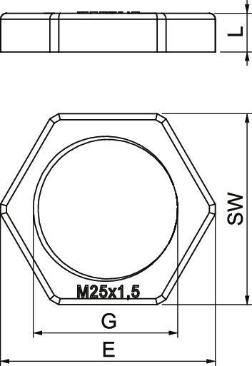 Technische Zeichnung einer Sechskantmutter. Oben Ansicht von der Seite; unten Draufsicht mit Beschriftung 'M25x1,5'. Maße: L, SW, G, E.