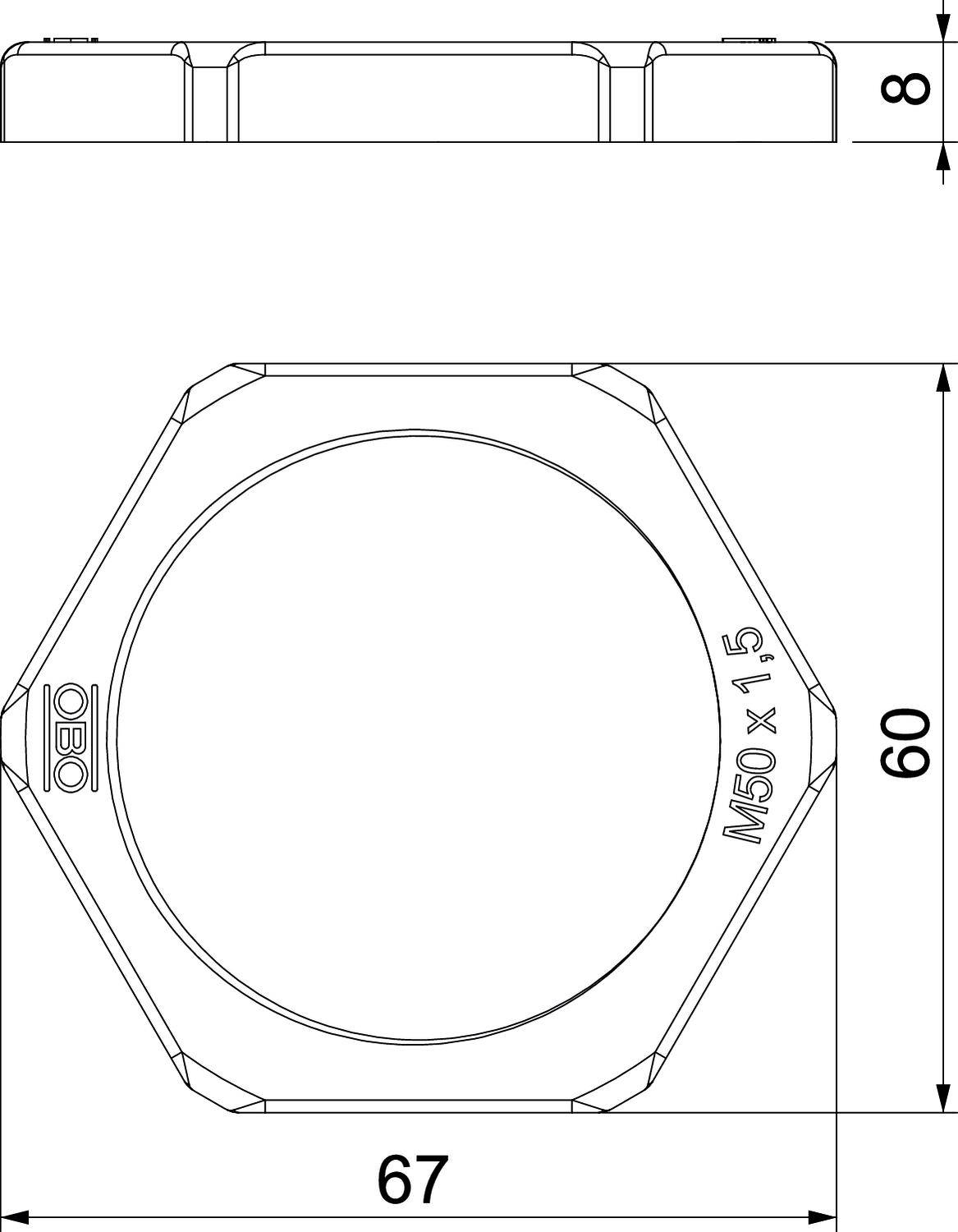 Technische Zeichnung einer sechseckigen Mutter mit den Maßen 67 mm außen und 60 mm innen. Höhe ist 8 mm. Aufschrift: 'M50 x 1.5'.