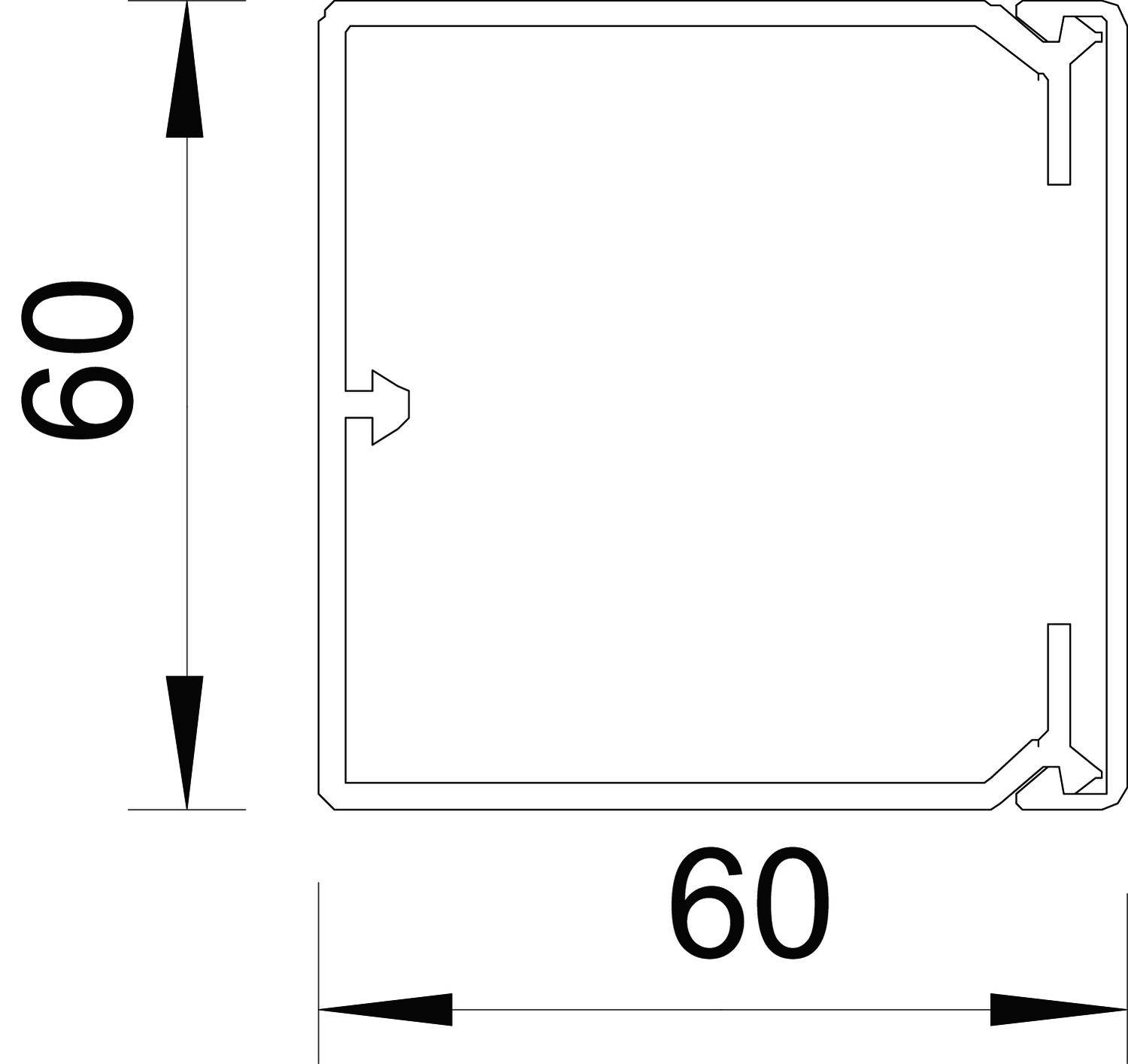 Technische Zeichnung eines quadratischen Profils mit 60x60 mm Maßen, klarer Linienführung und ohne zusätzliche Beschriftung.