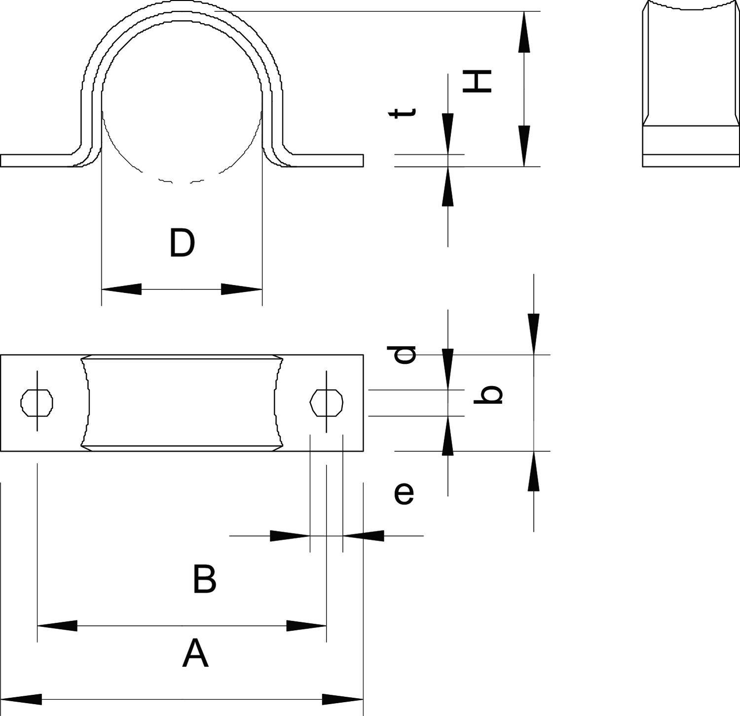 Technische Zeichnung eines Rohrschellenmaßes mit Beschriftungen. Hauptabmessungen markiert: Durchmesser (D), Breite (B), Höhe (H), Dicke (t).