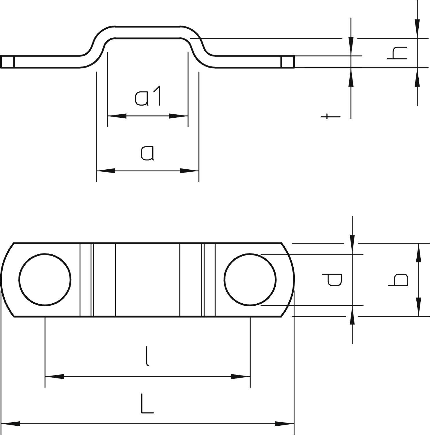 Technische Zeichnung einer metallischen Schelle mit Maßen: Breite 'a', Höhe 'p' und Länge 'L'. Die Zeichnung zeigt Vorder- und Seitenansicht.