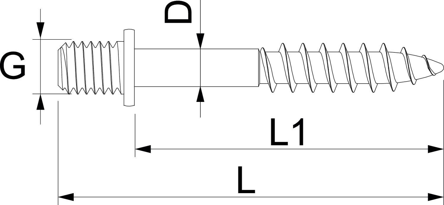 Diagramm einer Schraube mit Maßen: G für Gewindelänge, D für Durchmesser, L und L1 für Gesamtlänge und Teilabschnitt.