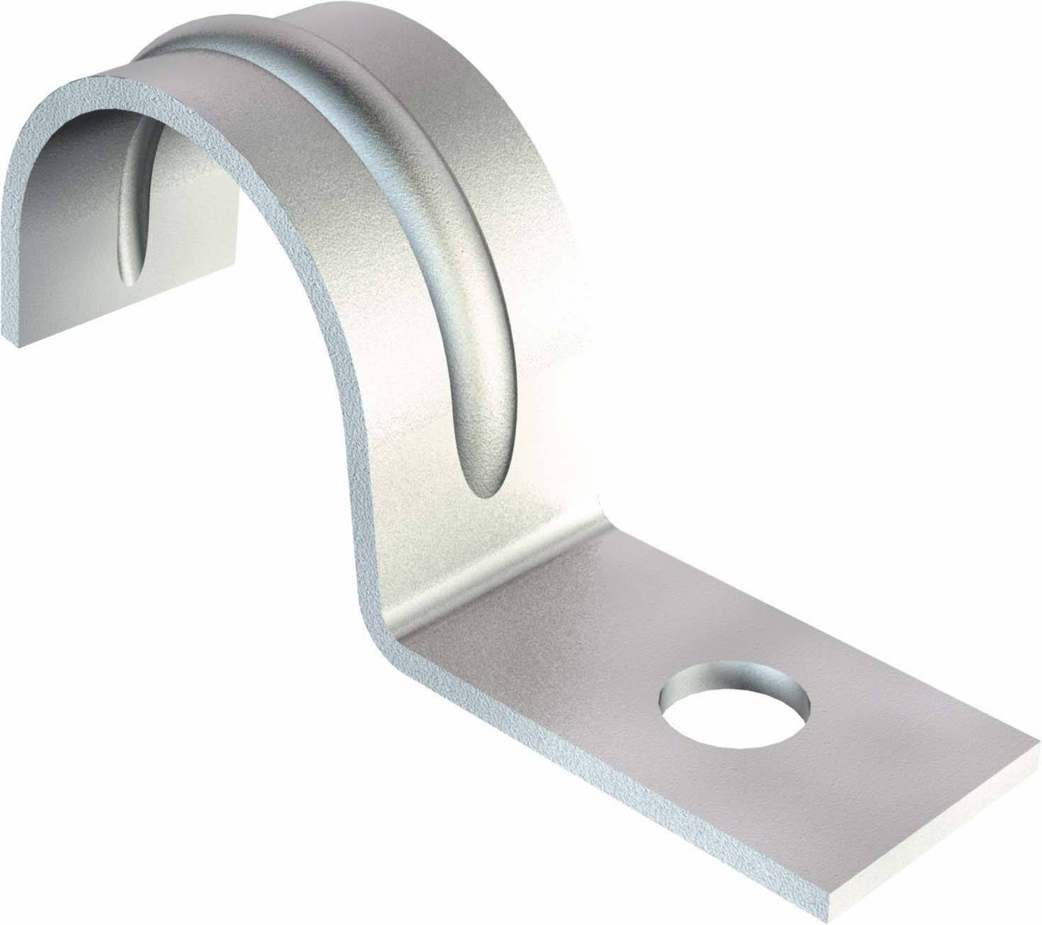 Metall-Montagewinkel mit gebogenem Design und Loch für Schraubbefestigung, verwendet zur Rohr- oder Kabelbefestigung an Oberflächen.