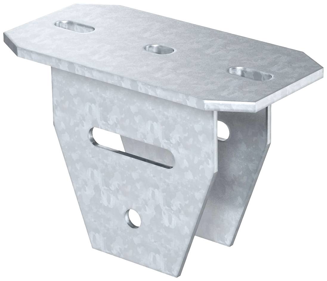 Ein verzinkter Metallwinkel mit drei Schraubenlöchern auf der Oberseite und einem Langloch in der Mitte für strukturelle Befestigungen.