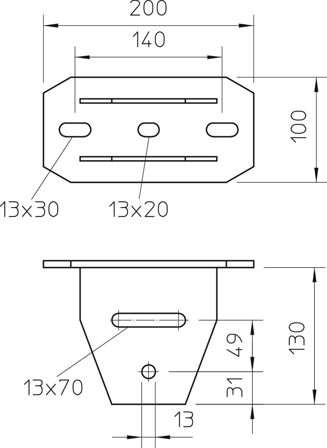 Technische Zeichnung eines Metallteils mit Abmessungen. Rechteckige Platte mit Schlitzen und Löchern. Maße: 200x100 mm. Seitenansicht zeigt Höhe von 130 mm und Bohrungen.