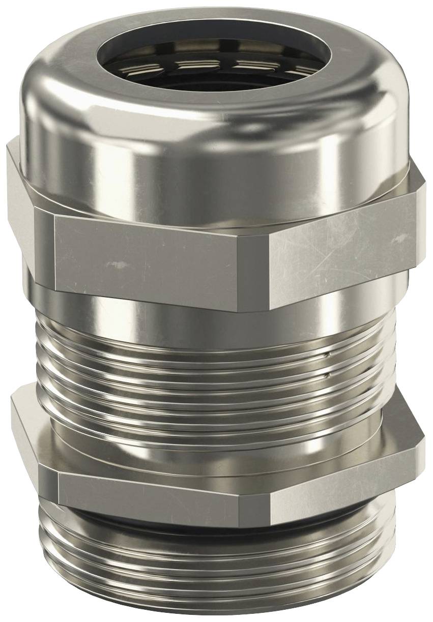 Ein Metallschraubanschluss, vermutlich für Kabelmanagement gedacht, mit Gewinde und zwei hexagonalen Muttern.