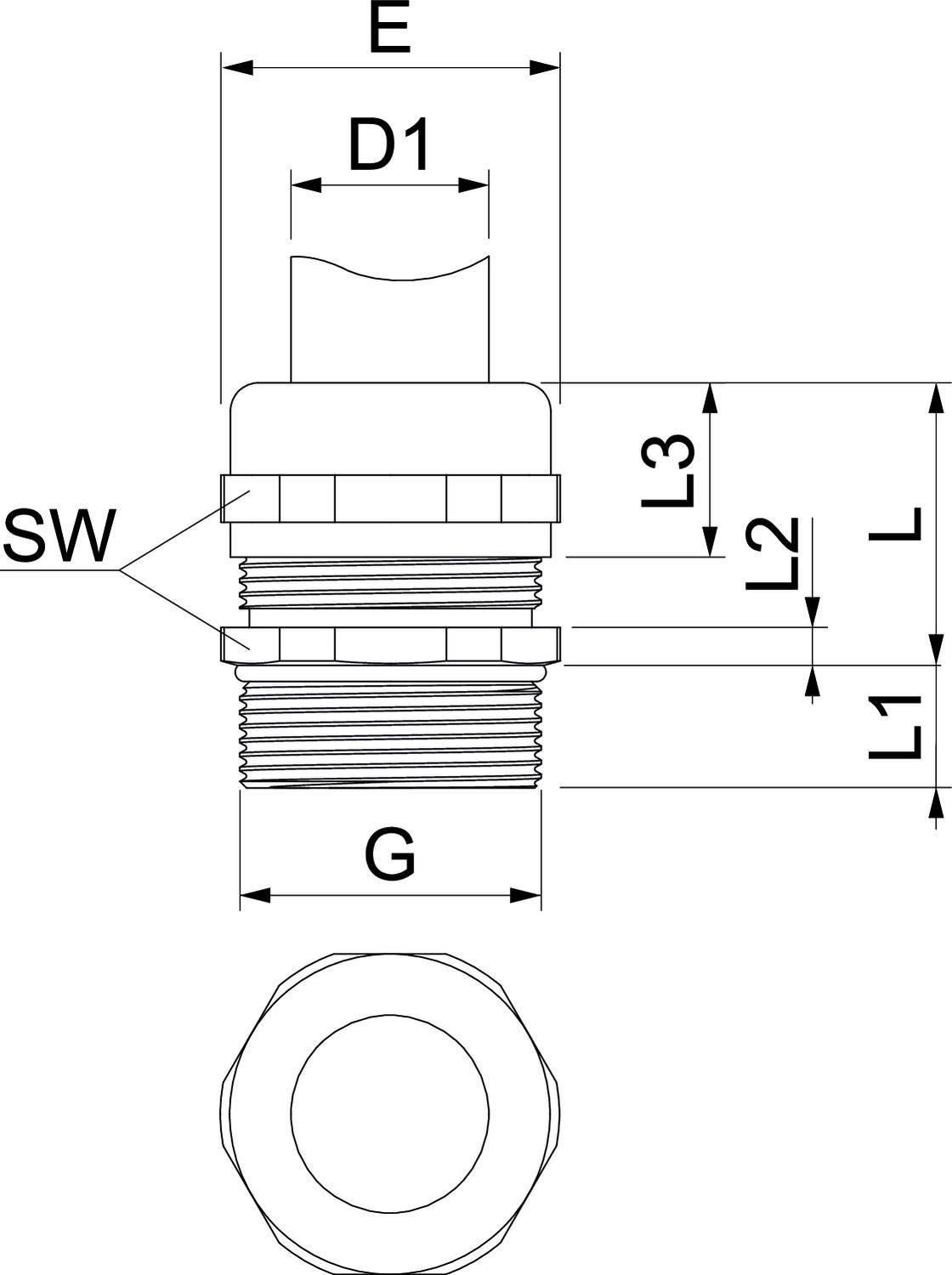 Technische Zeichnung eines verschraubbaren Anschlussstücks mit Maßen: Durchmesser D1, Längen L, L1, L2, L3, Gesamthöhe E, Gewinde G, Schlüsselweite SW.