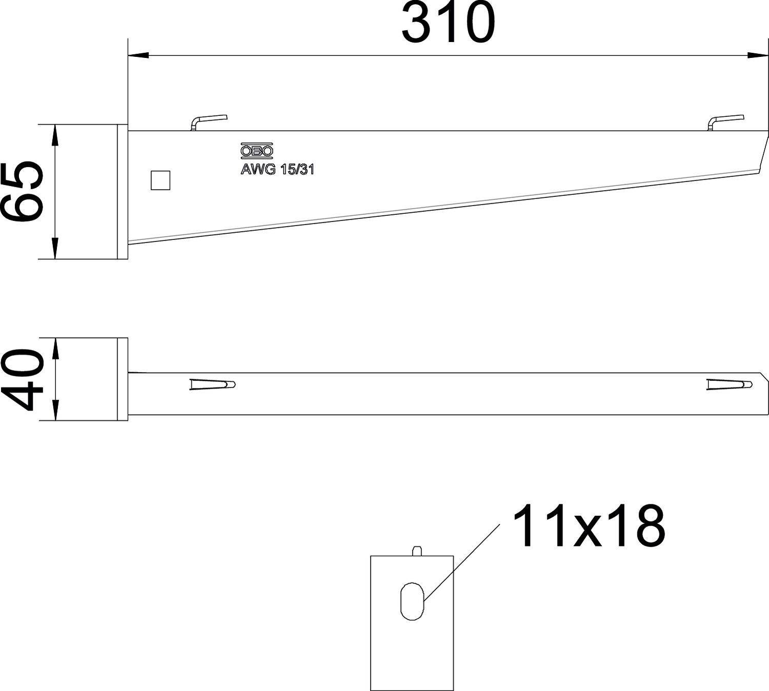 Technische Zeichnung eines Metallteils mit den Maßen 310 mm Länge und 65 mm Höhe. Enthält eine Lasche mit 11x18 mm Loch.
