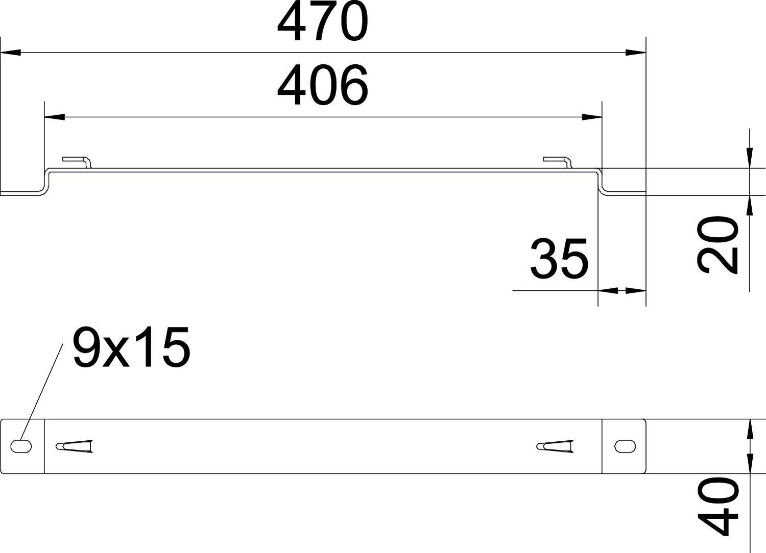 Technische Zeichnung mit Maßangaben: Breite 470 mm, Innere Breite 406 mm, Höhe 35 mm, Gesamthöhe 40 mm, Lochgröße 9x15 mm.