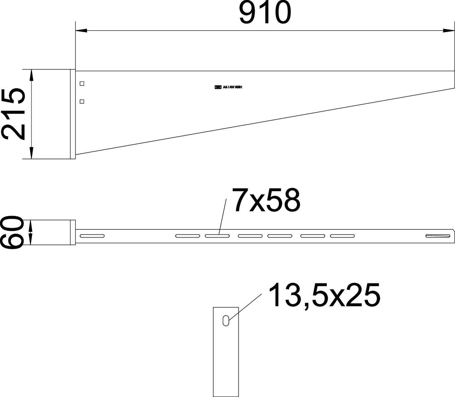 Technische Zeichnung eines Regalträgers mit Maßen: Breite 910 mm, Höhe 215 mm. Detaillierte Ansichten zeigen Befestigungslöcher.