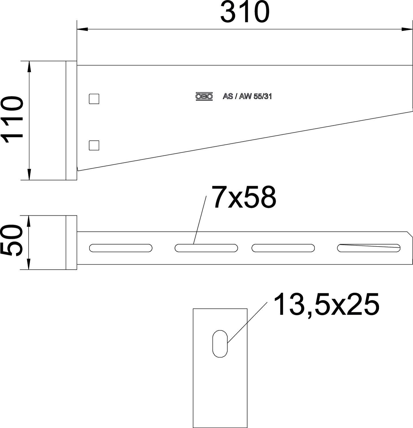 Technische Zeichnung einer Metallkonsole mit Abmessungen: Länge 310 mm, Breite 110 mm, Höhe 50 mm. Schlitze von 13,5 x 25 mm.